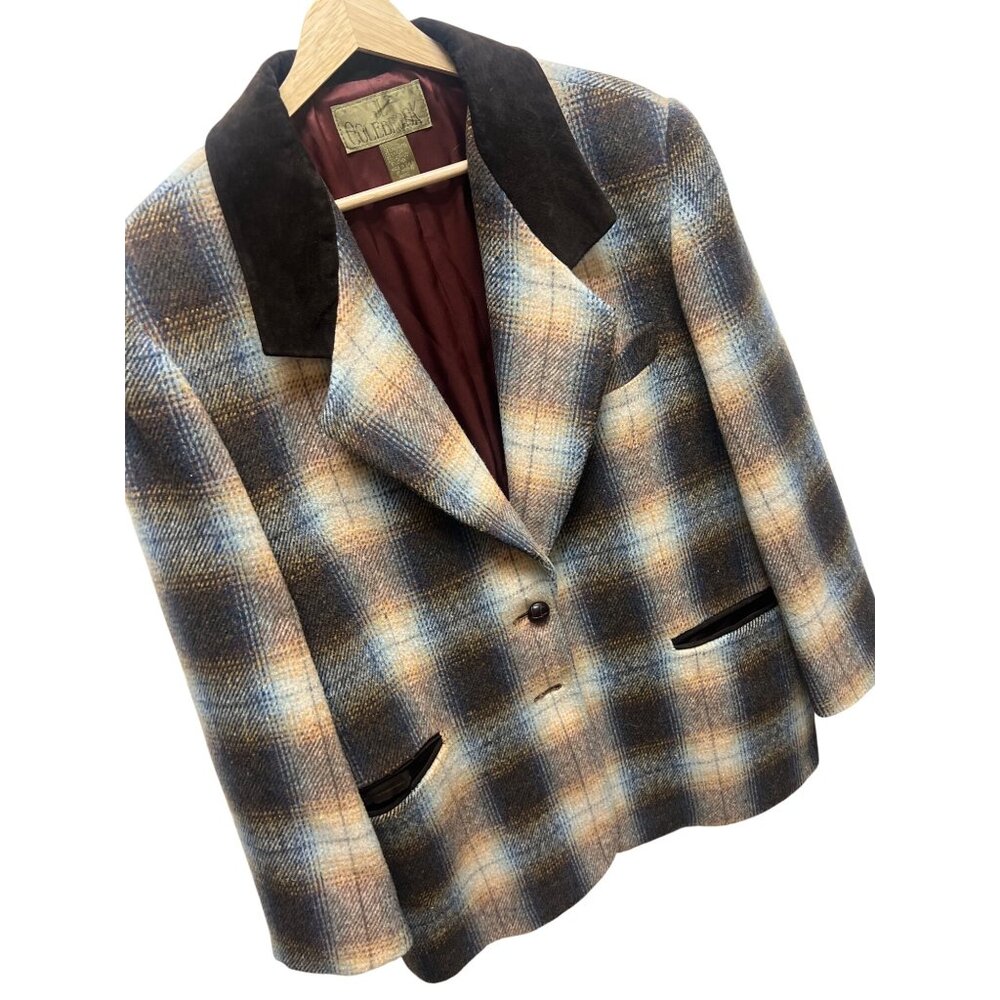 JL Colebrook Vintage 90's Brown Wool Plaid Blazer with Velvet Trim